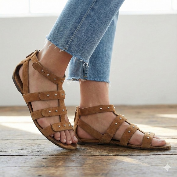 Gucci Shoes - Gucci Sigourney Sandals Womens 39 9 Brown Leather Studded Gladiator FLAWED